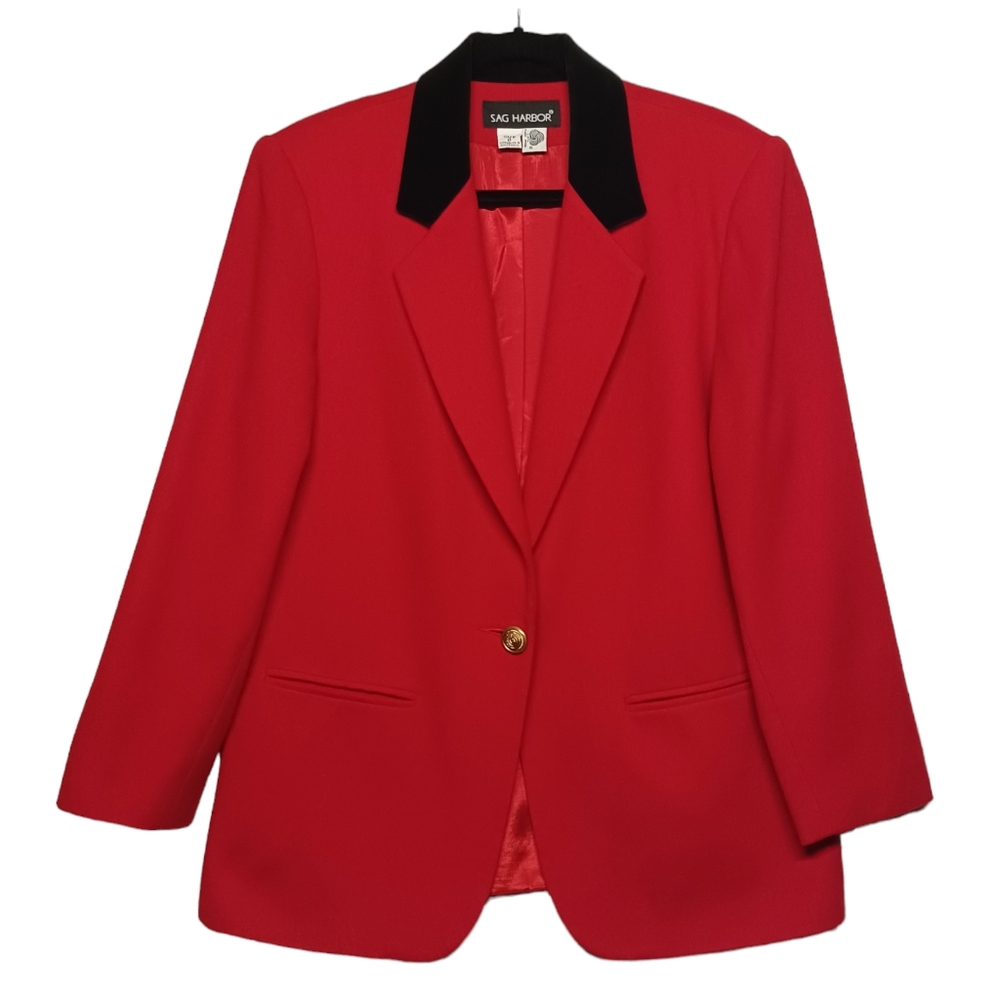 SAG HARBOR Pure Wool Black Velvet Collar Red Blazer Jacket 8 (Medium)